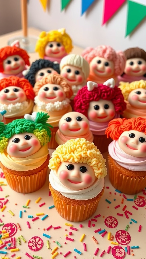 Cabbage Patch Kids-Inspired Cupcake Recipe Cupcakes with colorful frosting resembling Cabbage Patch Kids, decorated with edible eyes and sprinkles on a cheerful table.